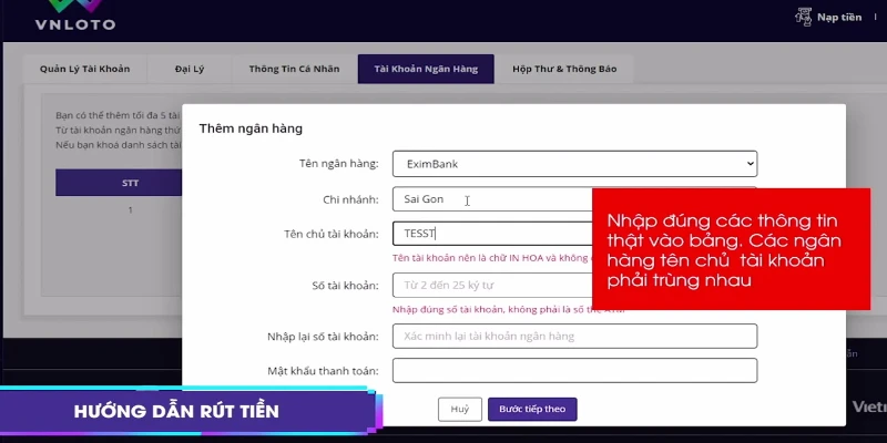 Rút tiền Vnloto thông qua tài khoản ngân hàng của mình